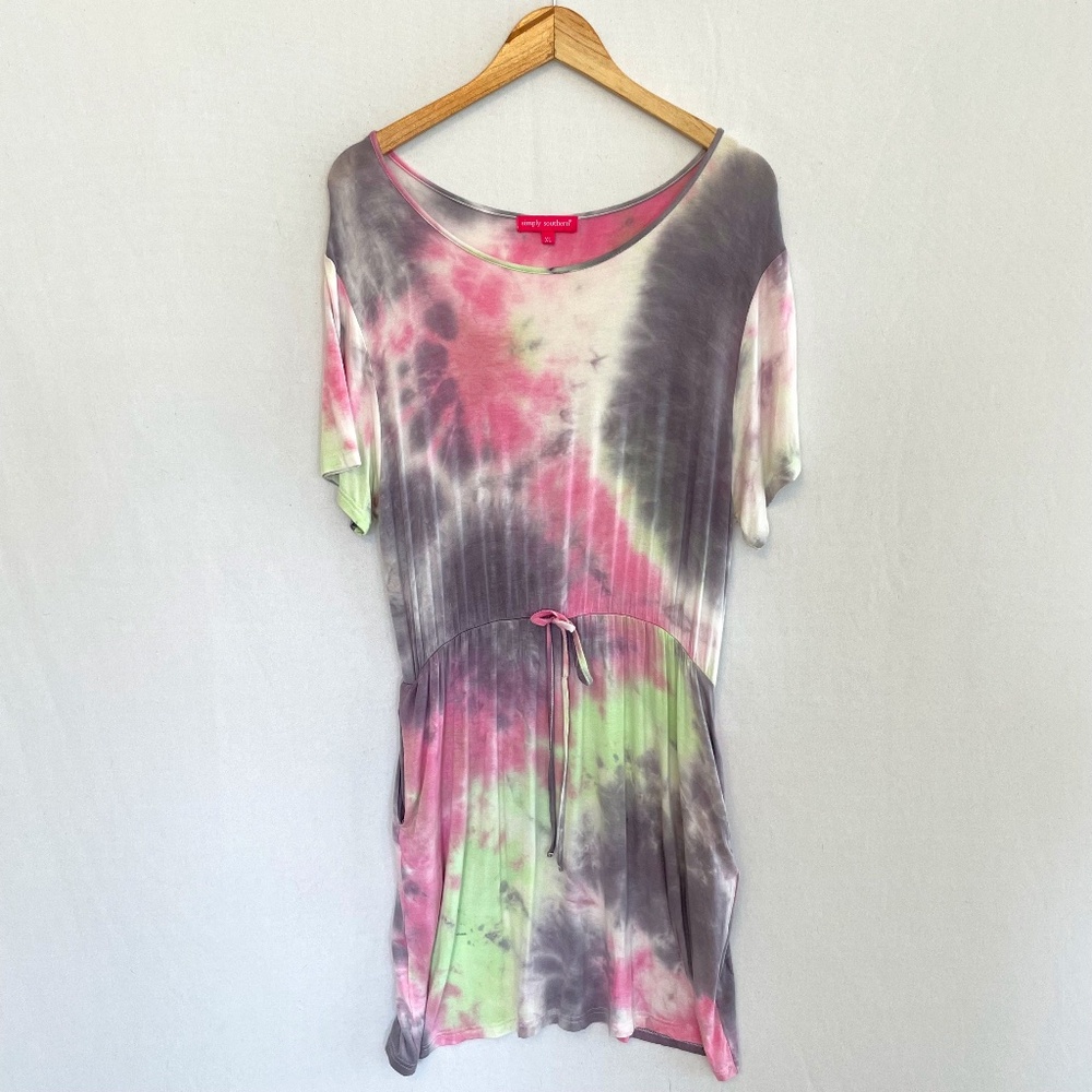 SIMPLY SOUTHERN Women's XL Tie Dye Short Sleeve Mini Dress Pockets Stretch